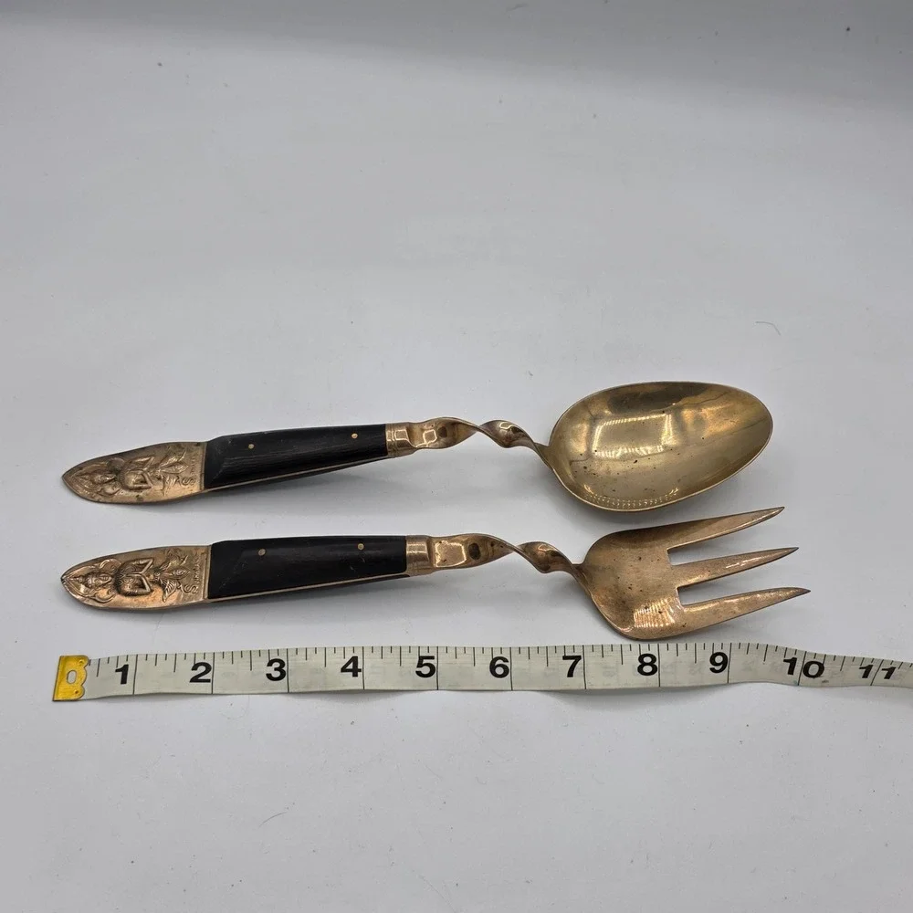 Vintage Thai Buddha Figurine Twisted Handle Serving Spoon Fork Set‎ Brass Black